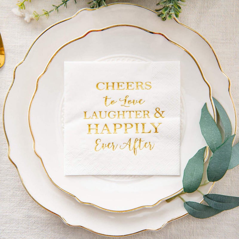 Crisky 3-Ply 50 Count Bridal Shower Napkins Disposable Cocktail Napkins Gold Foil Text Beverage Napkins for Engagement Party Decorations & Wedding Shower - Image 2